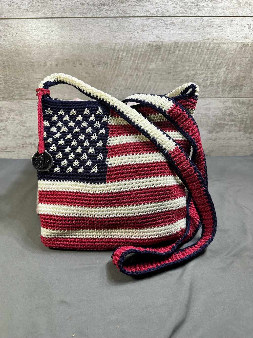 The Sak Originals American Flag Crochet Crossbody Bag Red White Blue Patriotic
